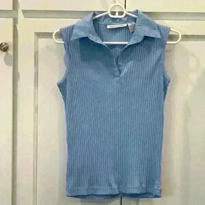 Women’s Samantha Stuart Blue Y2K Ribbed Sleeveless Top Collared Size Small